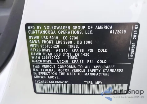 2019 Volkswagen Atlas 3.6L V6 Sel Premium z USA, uszkodzony, nr VIN 1V2NR2CA6KC534101